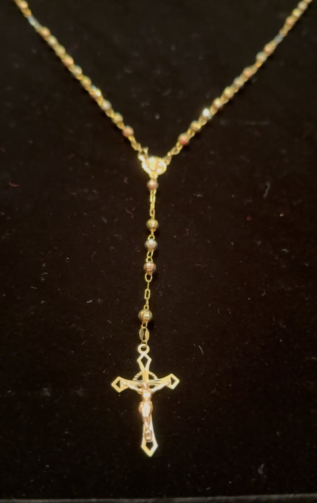 Elegant 10K Tri-Color Gold Rosary Necklace | 32”